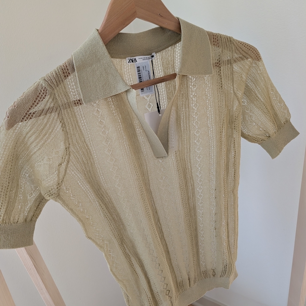 NWT Zara Openwork Sheer Knit Polo Sweater in Light Olive - M - Picture 3 of 5